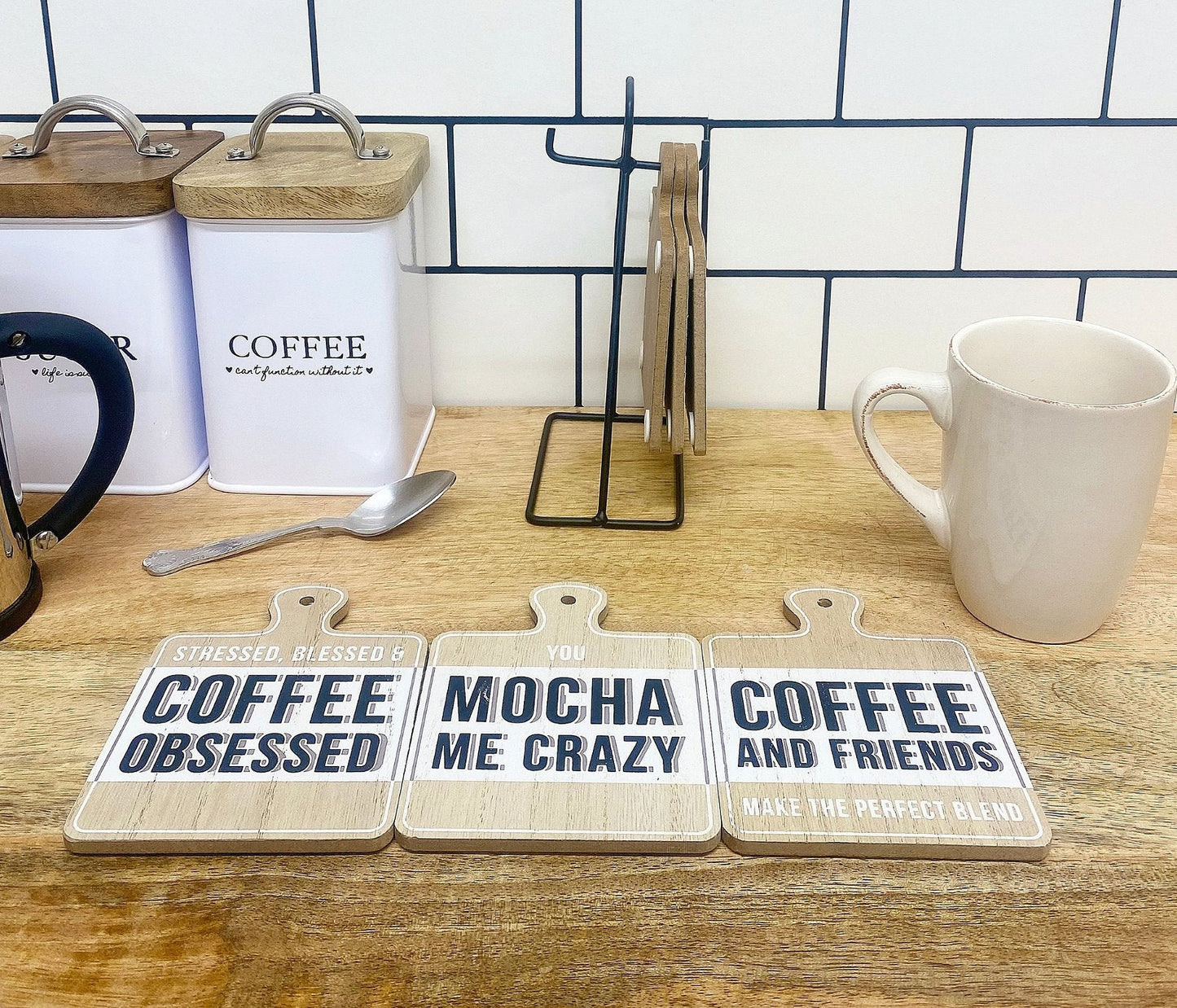 Set of Six Coffee Slogan Coasters On Metal Stand-2