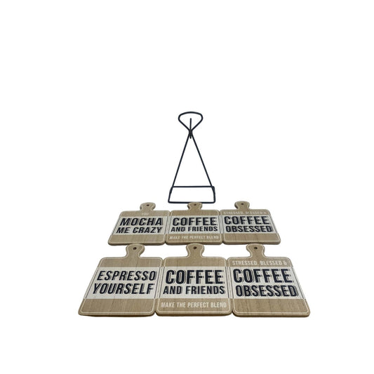 Set of Six Coffee Slogan Coasters On Metal Stand-0