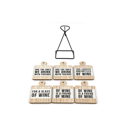 Set of Six Wine Slogan Coasters On Metal Stand-0