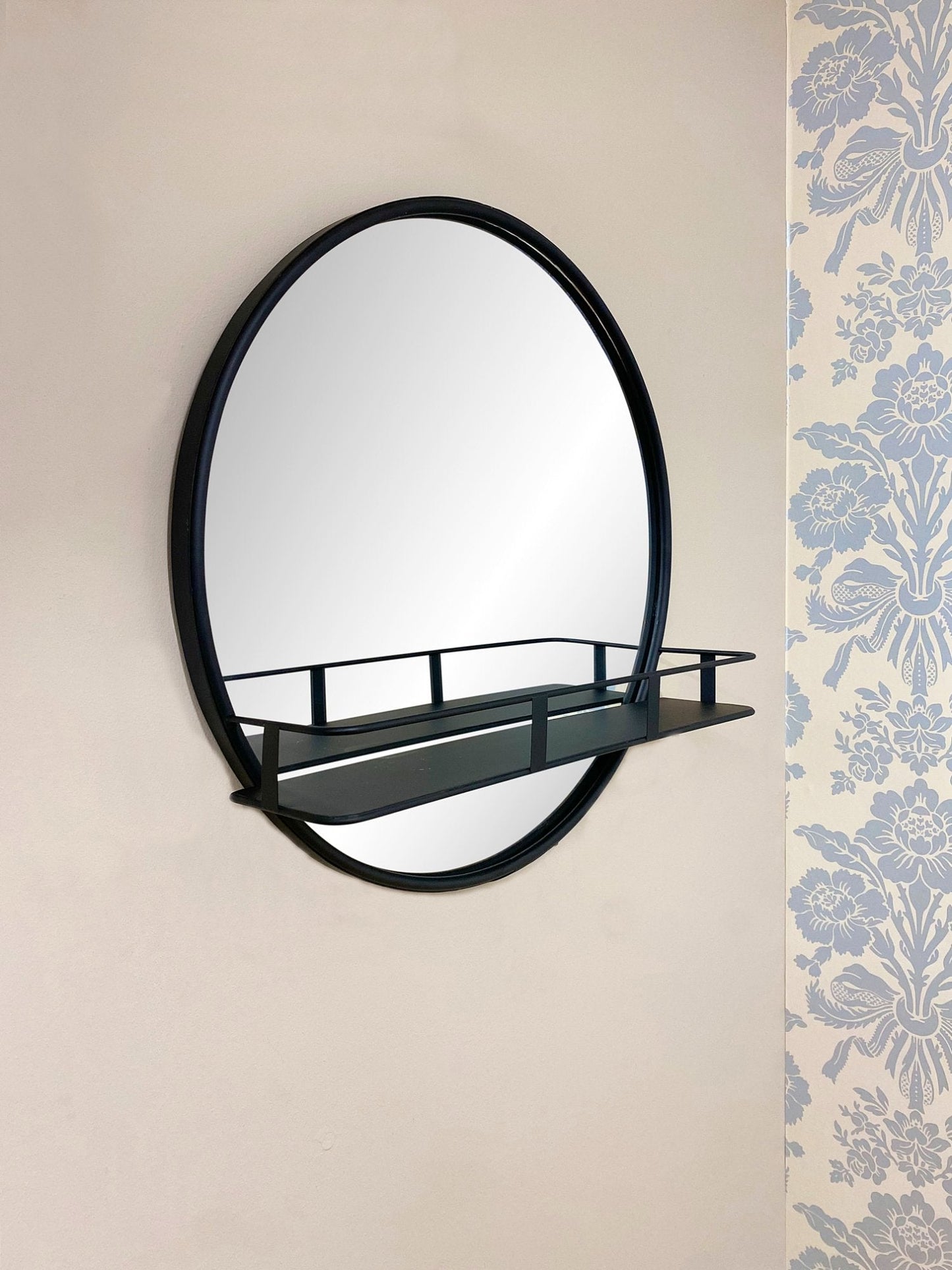 Circular Black Metal Framed Mirror With Shelf-2