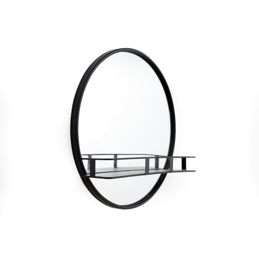 Circular Black Metal Framed Mirror With Shelf-0