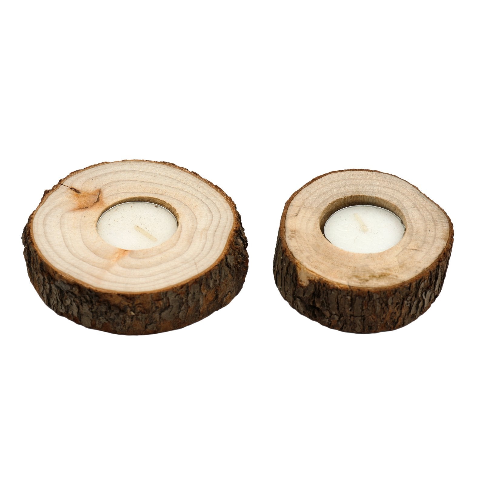 Set of Two Wooden Tealight Holders with Bark Detail-0