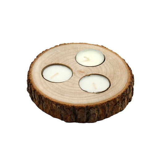 Wooden Triple Tealight Holder with Bark Detail-0