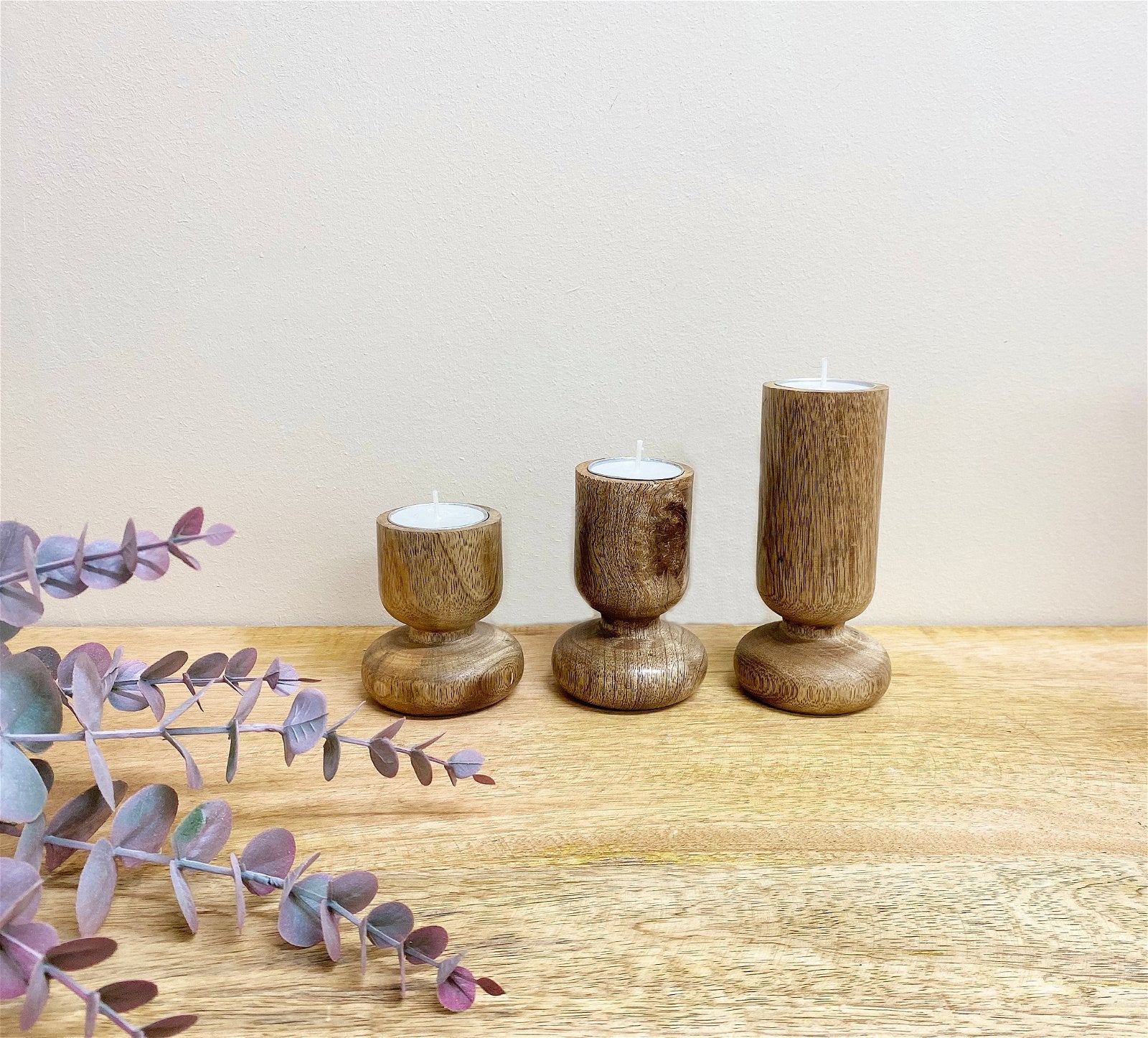 Set of Three Wooden Candlestick or Tea Light Holders-2