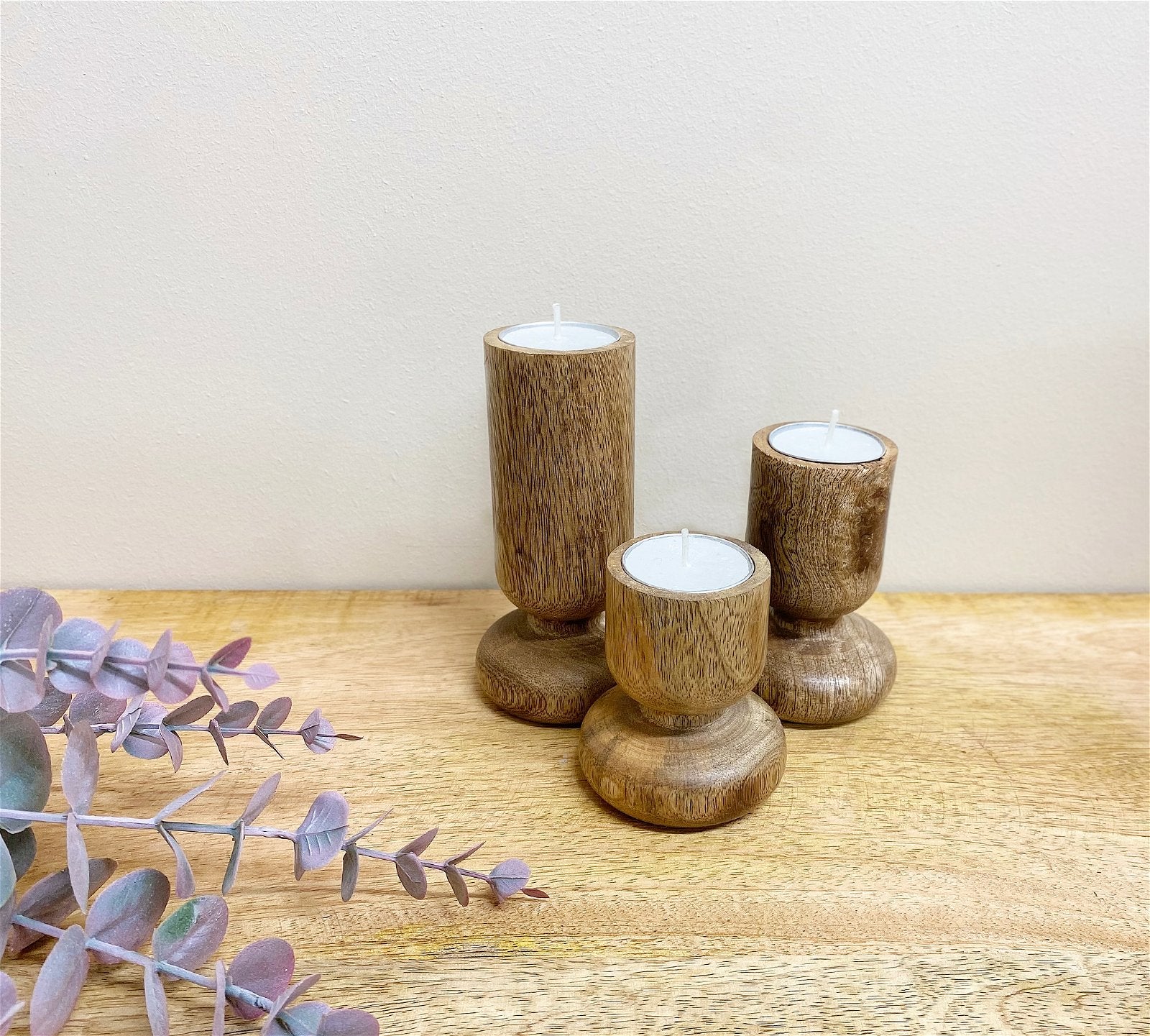 Set of Three Wooden Candlestick or Tea Light Holders-1