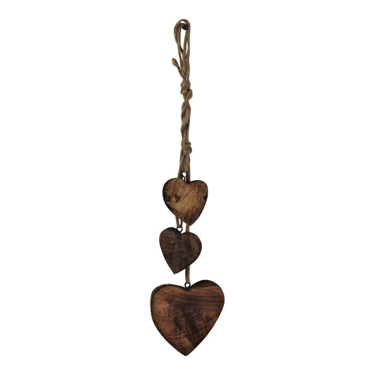 Three Hanging Wooden Heart Decoration, Dark Wood-0