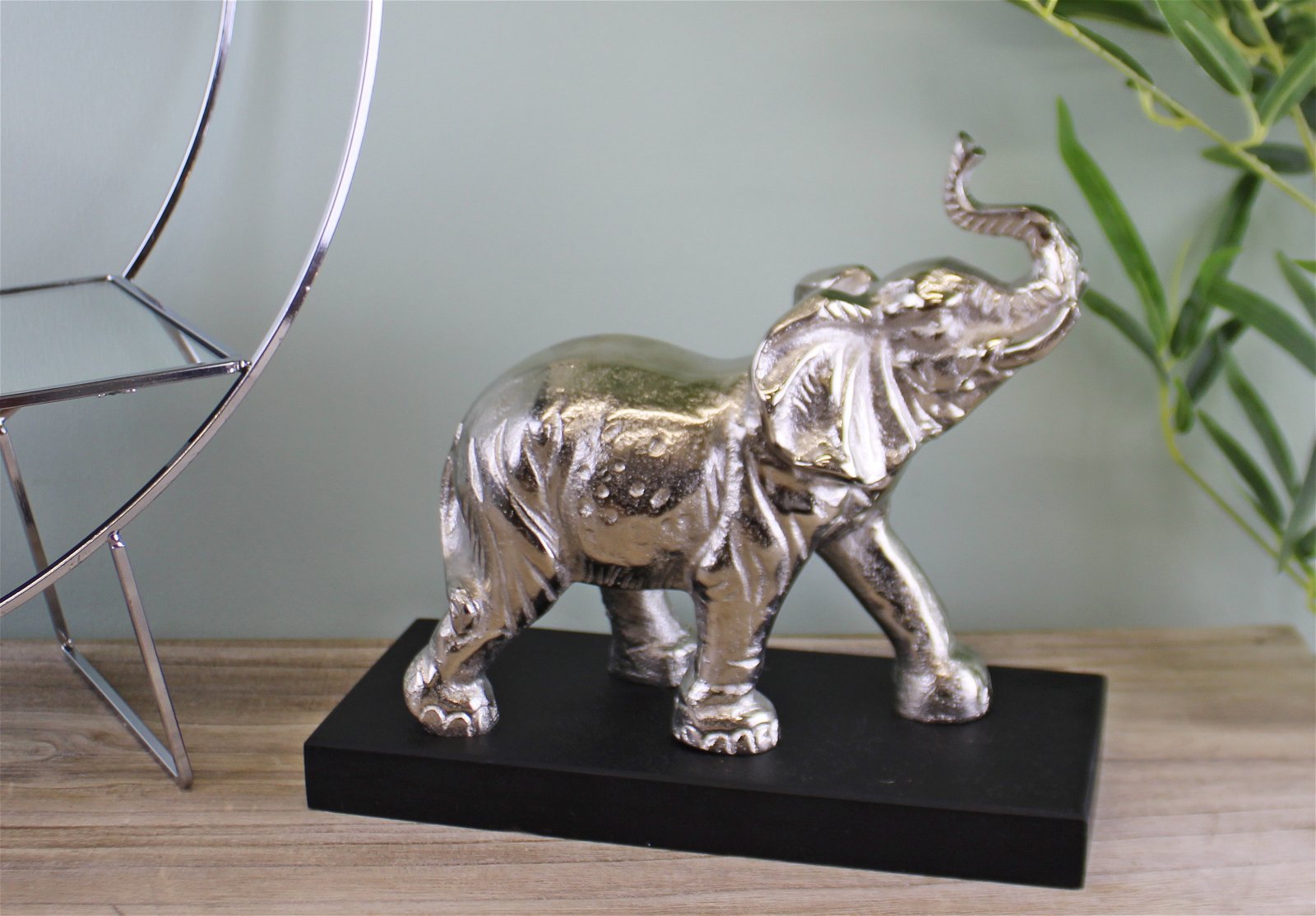 Large Ornamental Silver Metal Elephant On Plinth-1