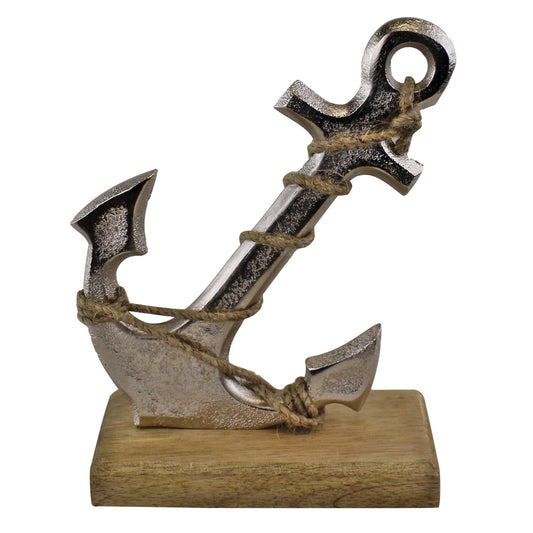 Silver Metal Anchor Ornament On Wooden Base-0