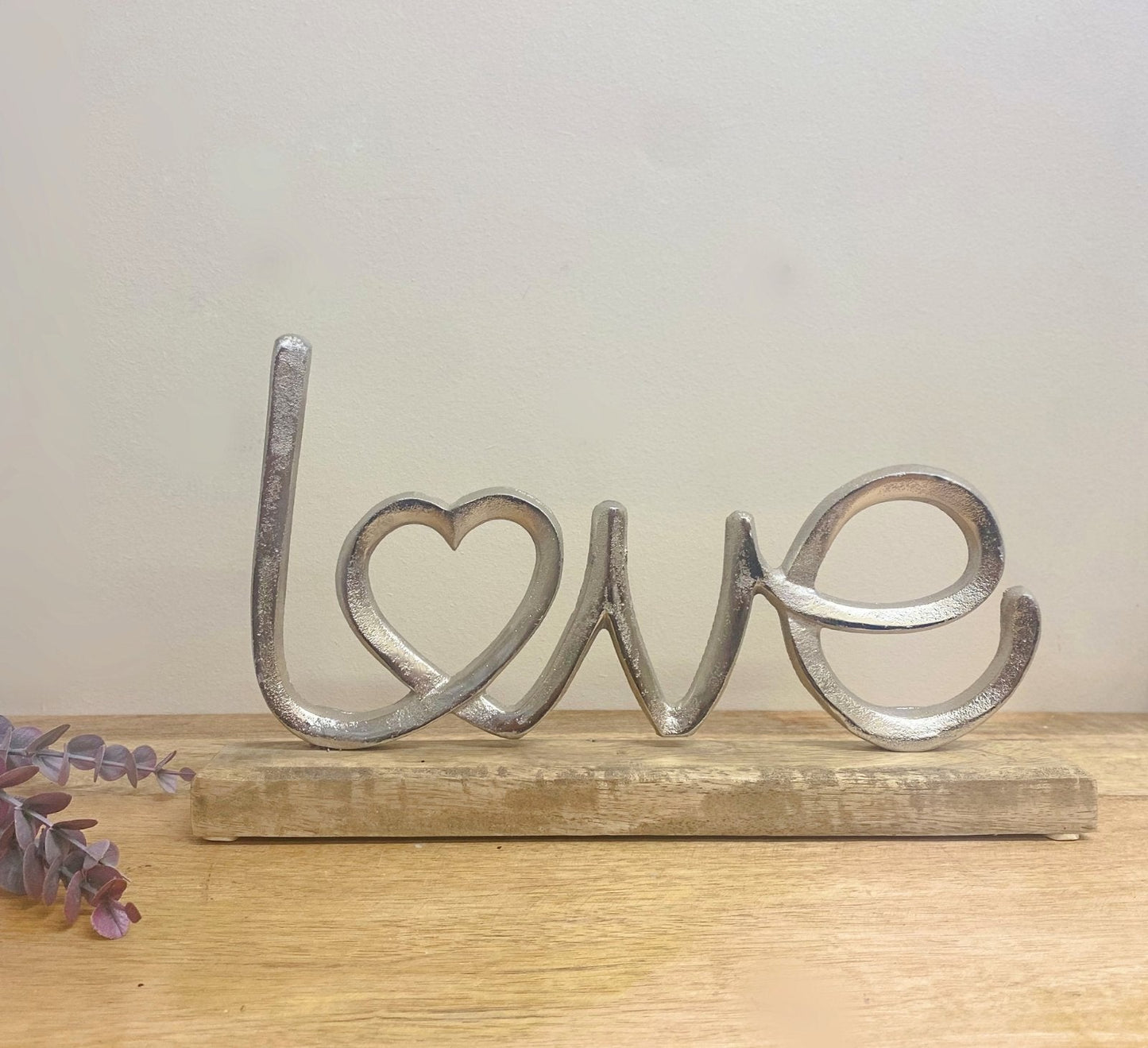 Metal Silver Love Ornament On A Wooden Base-3