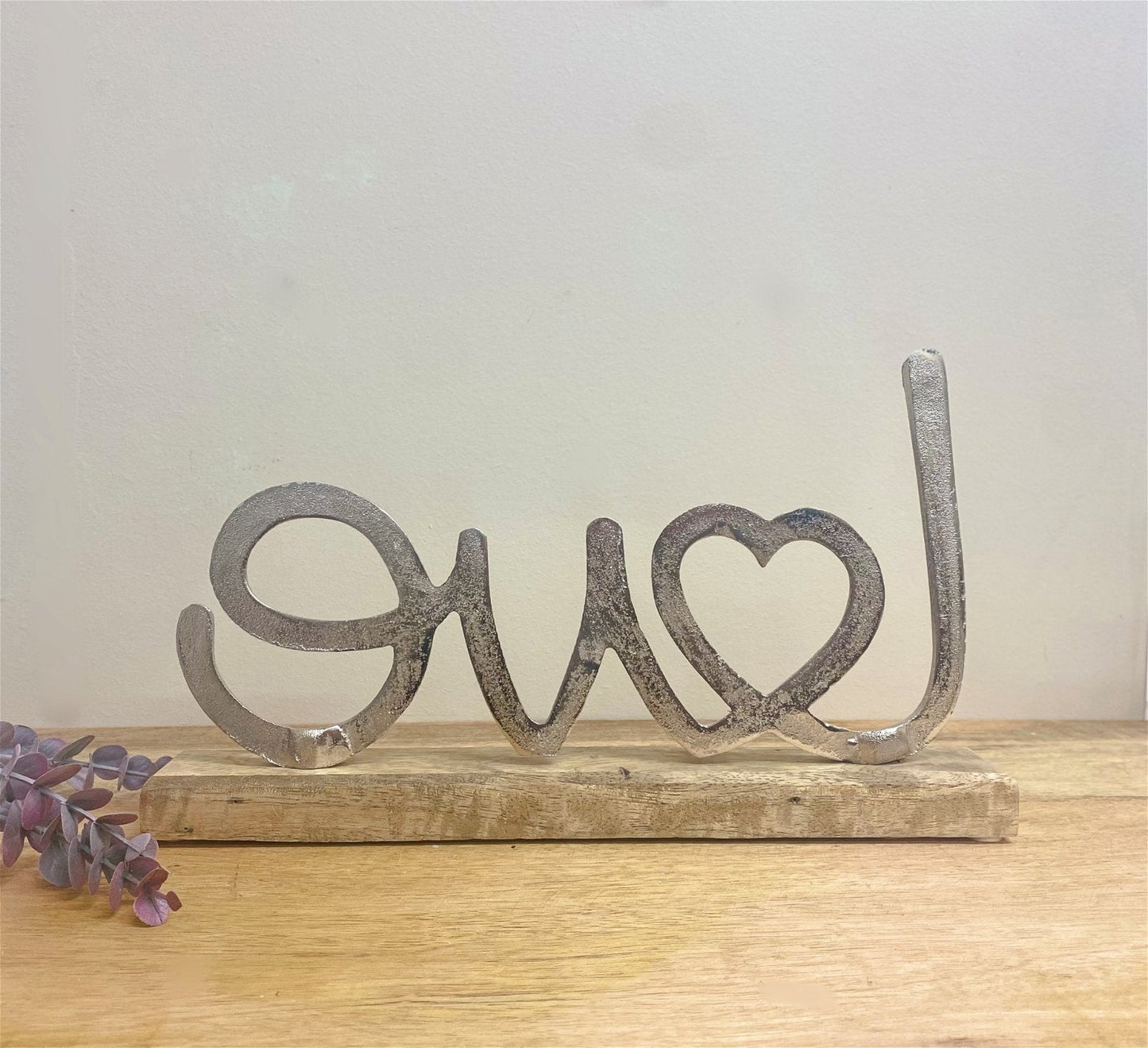 Metal Silver Love Ornament On A Wooden Base-2