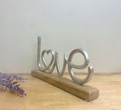 Metal Silver Love Ornament On A Wooden Base-1