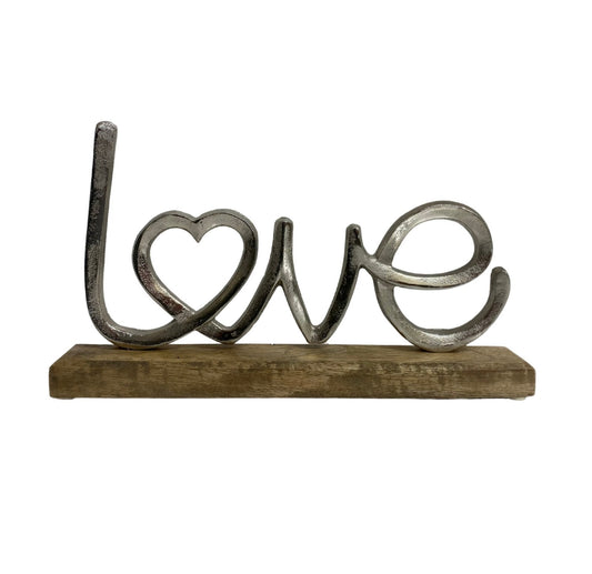 Metal Silver Love Ornament On A Wooden Base-0