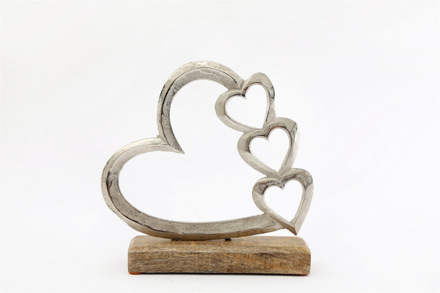 Metal Silver Four Heart Ornament On A Wooden Base Medium-0