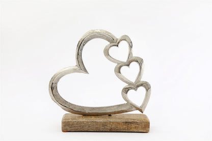 Metal Silver Four Heart Ornament On A Wooden Base Medium-0