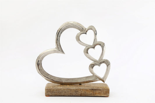 Metal Silver Four Heart Ornament On A Wooden Base Medium-0