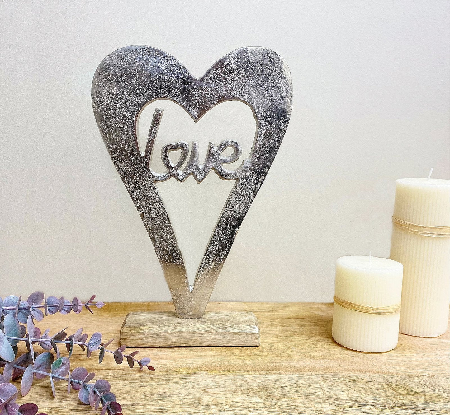 Metal Silver Heart Love On A Wooden Base Large-3