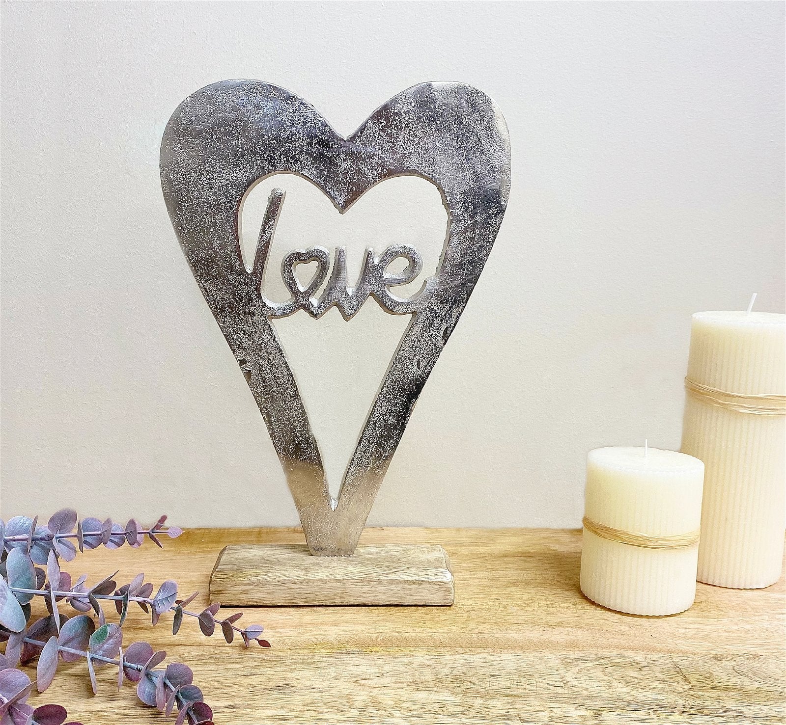 Metal Silver Heart Love On A Wooden Base Large-3