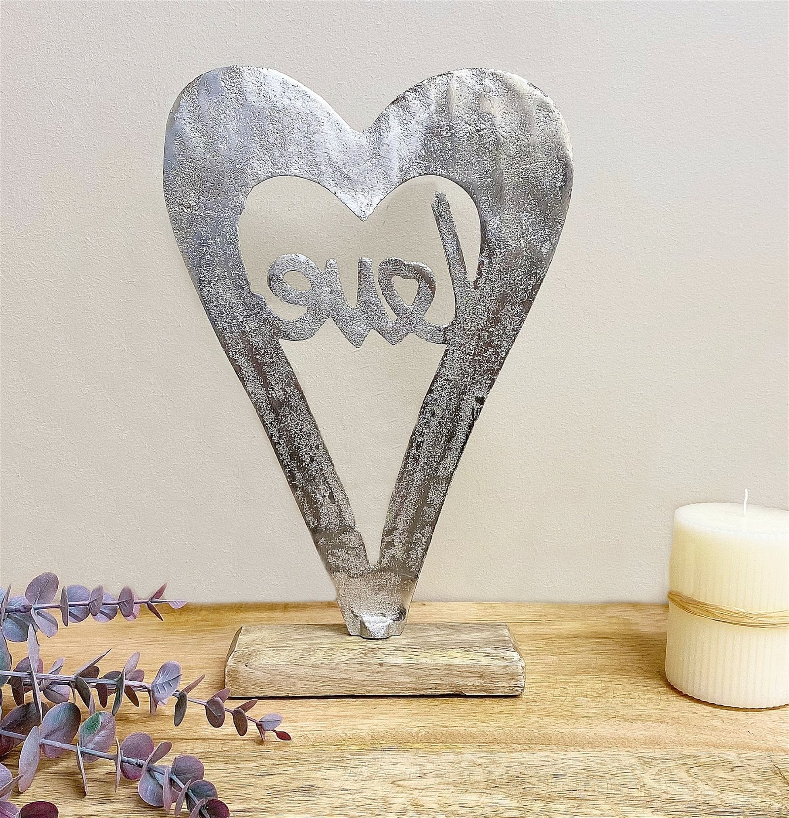 Metal Silver Heart Love On A Wooden Base Large-2