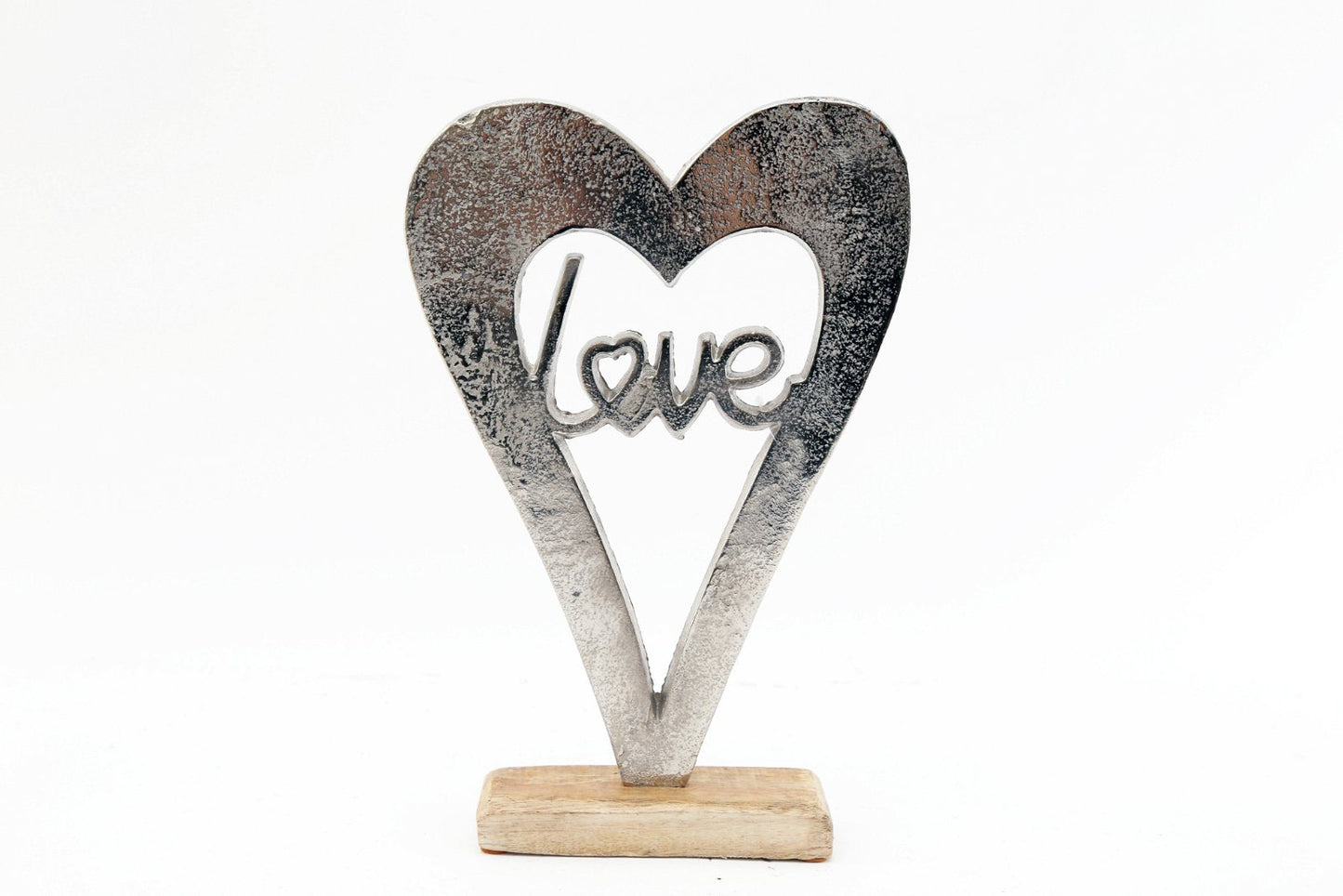 Metal Silver Heart Love On A Wooden Base Large-0