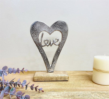 Metal Silver Heart Love On A Wooden Base Small-3