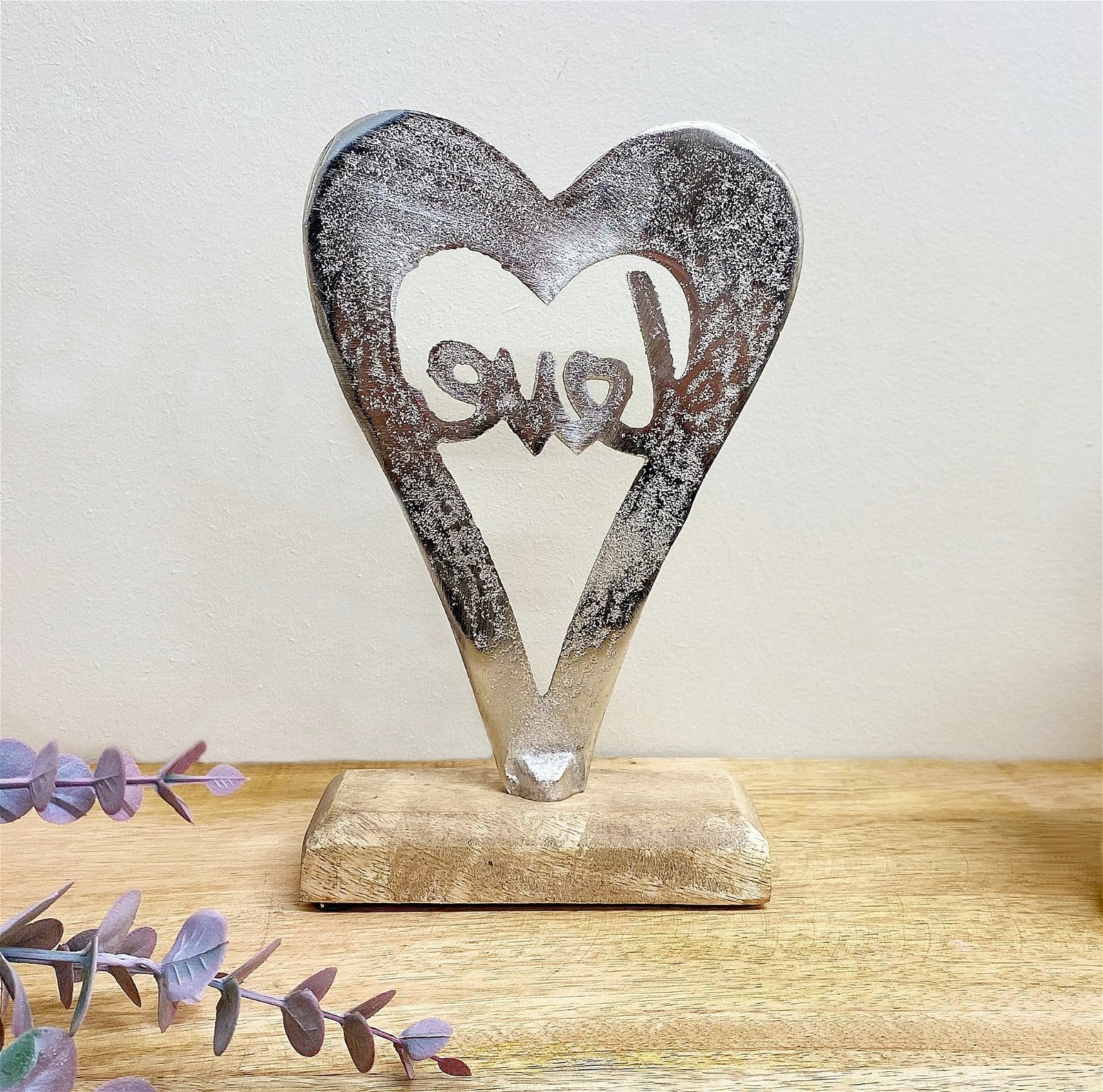 Metal Silver Heart Love On A Wooden Base Small-2