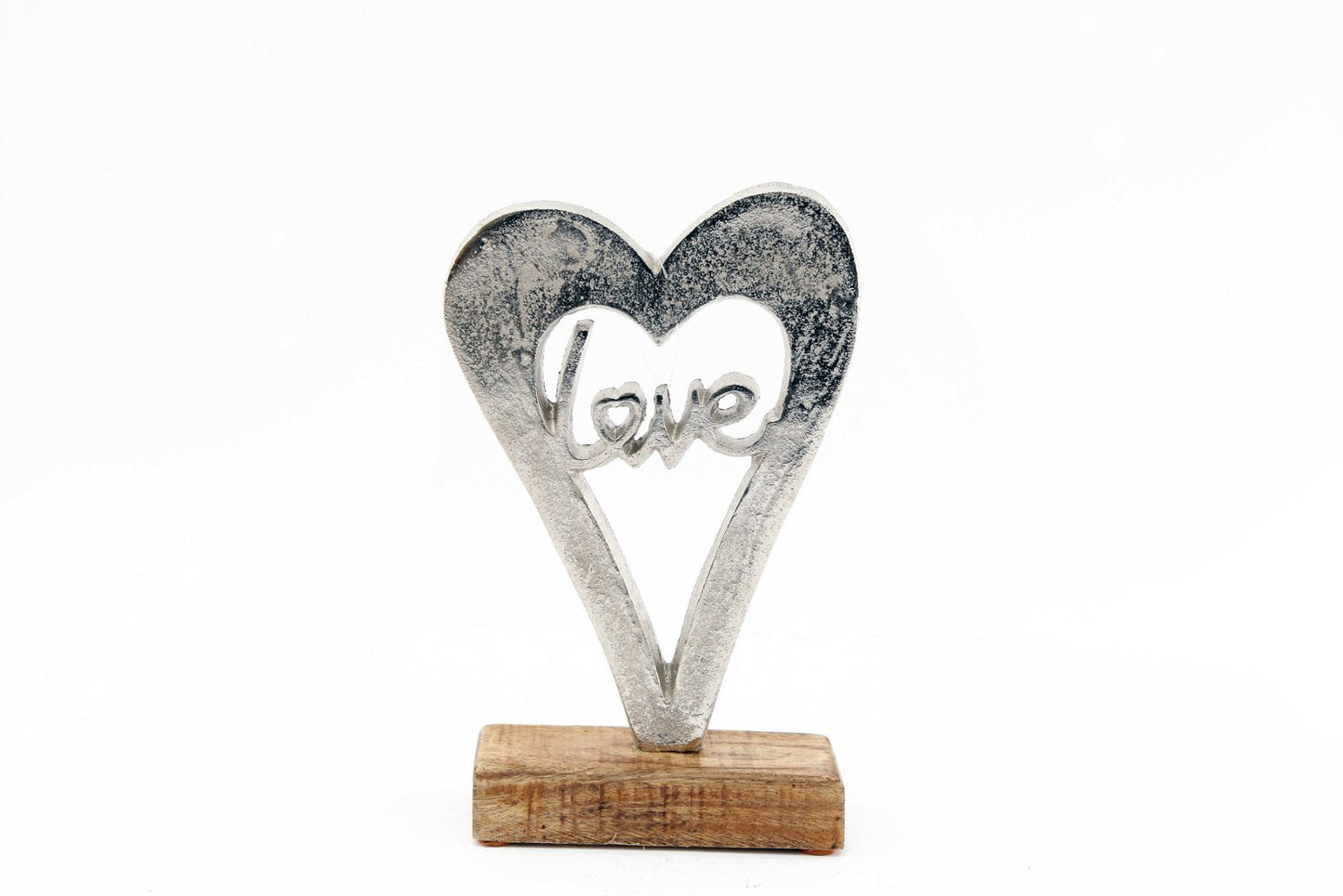 Metal Silver Heart Love On A Wooden Base Small-0