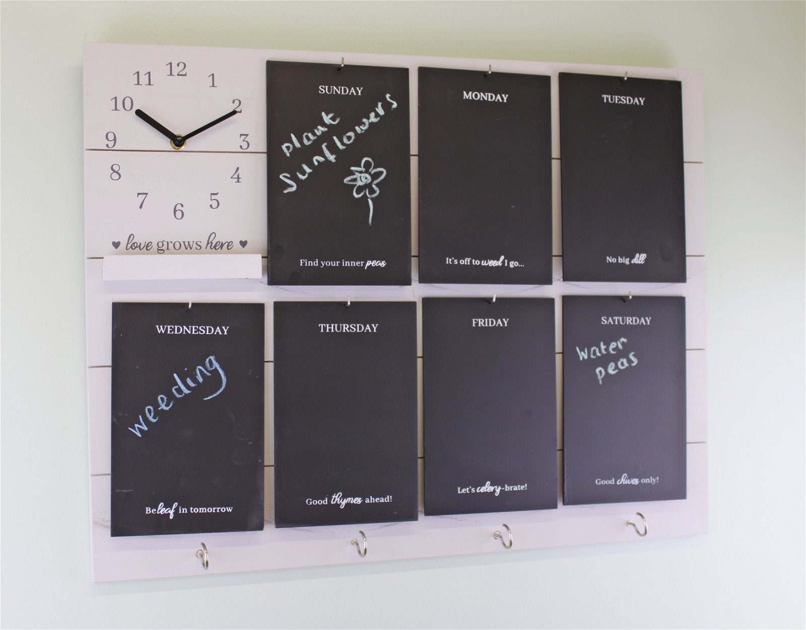 Potting Shed Weekly Reminder Chalkboard With Clock & Hooks, White-1