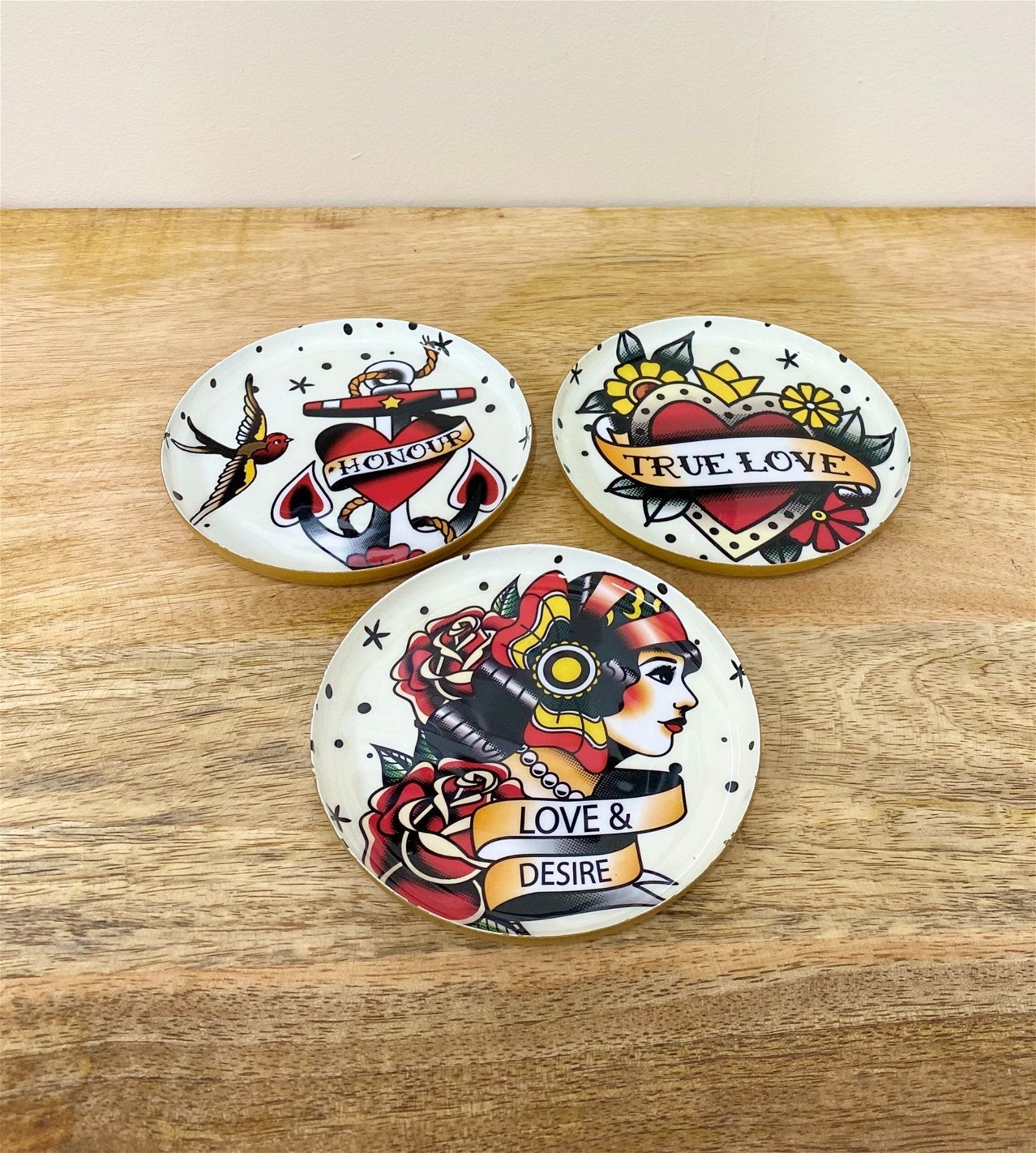 Set of Three Metal Retro Tattoo Design Coasters-2