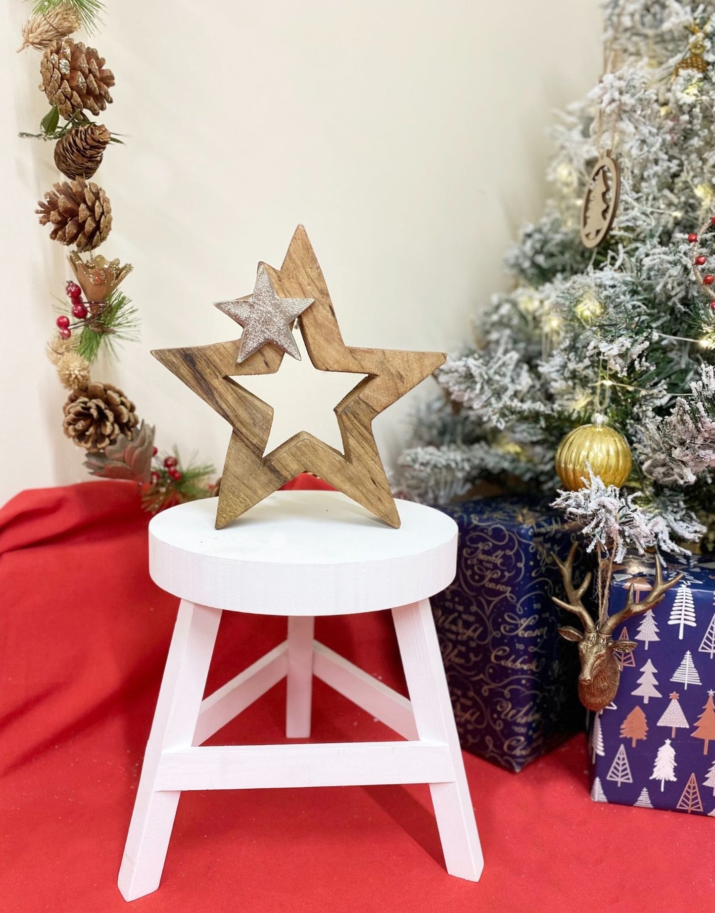 Wood & Silver Metal Star Decoration 20cm-3