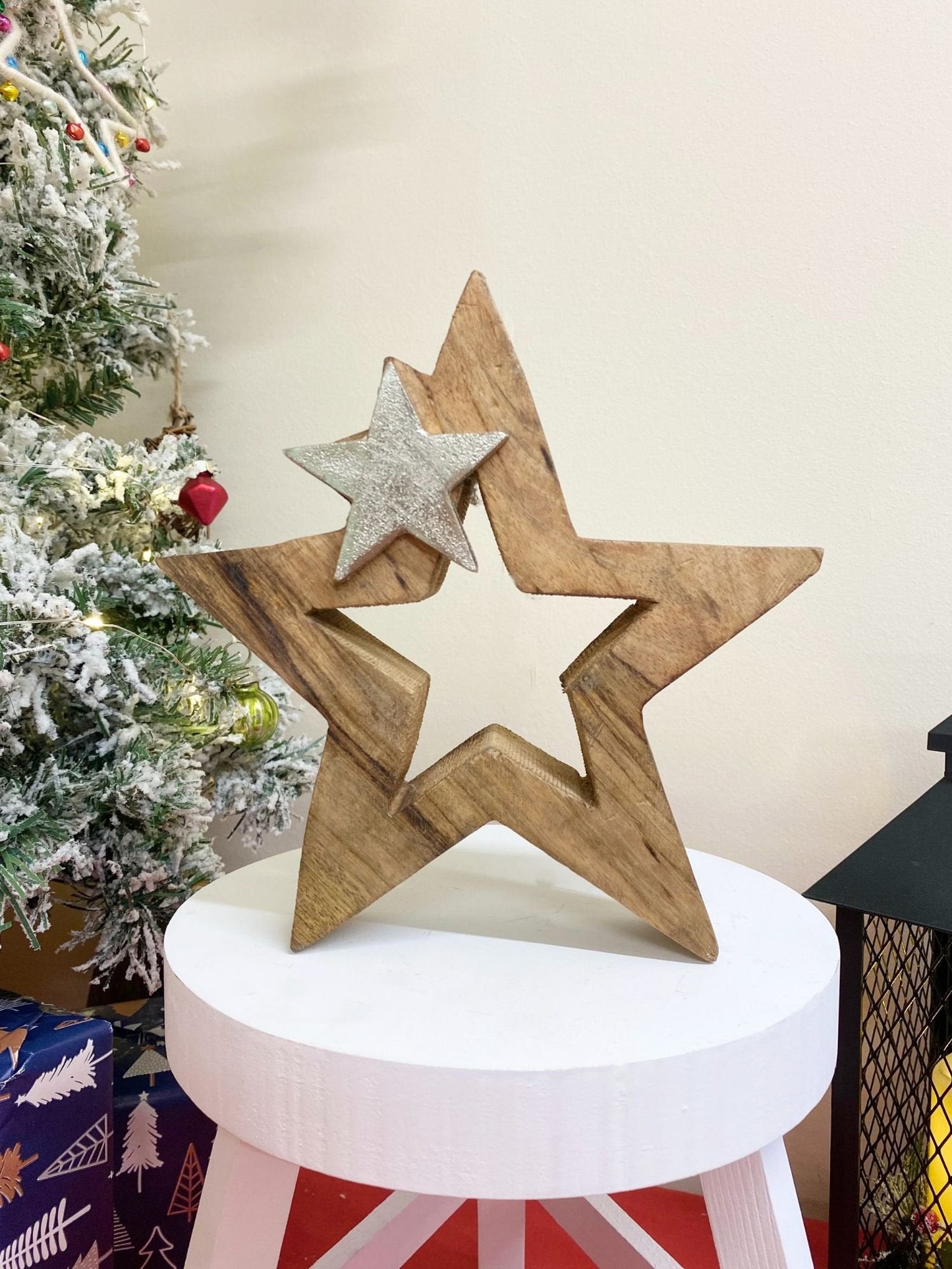 Wood & Silver Metal Star Decoration 20cm-2