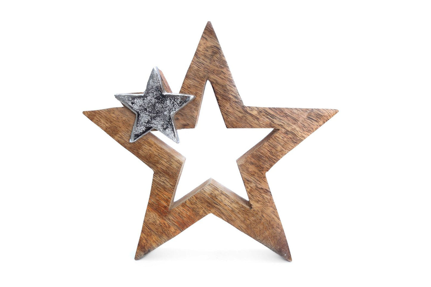 Wood & Silver Metal Star Decoration 20cm-0