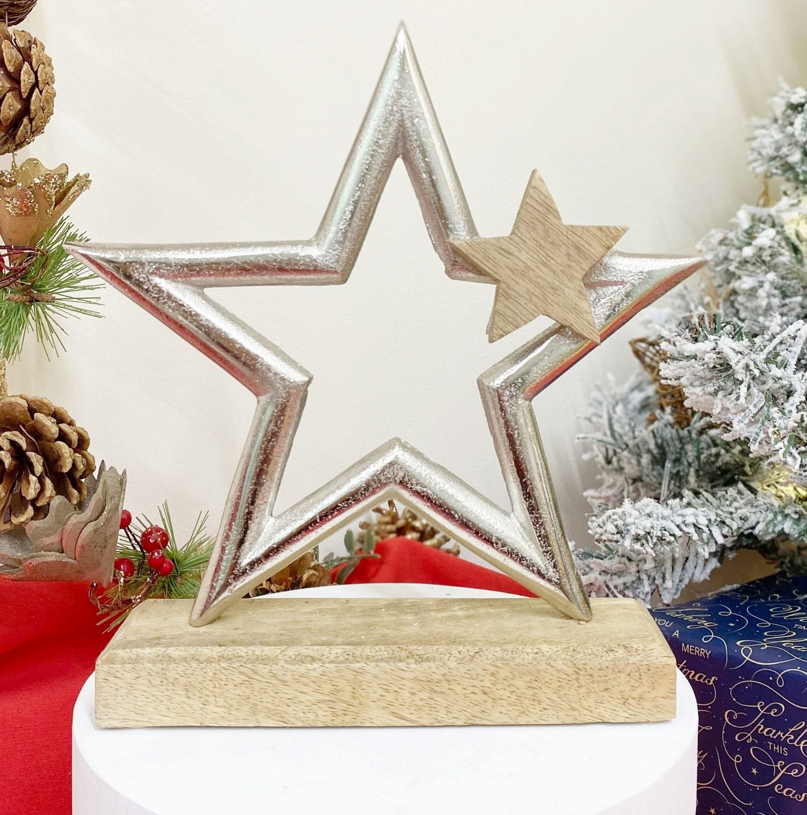 Silver Star On Wooden Base Decoration-3