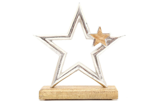 Silver Star On Wooden Base Decoration-0