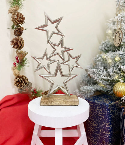 Silver Metal Stars On Wood Plinth-3