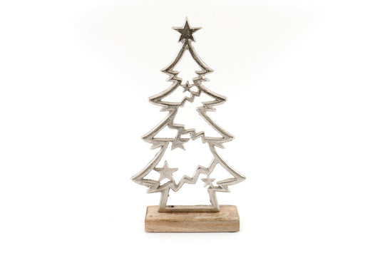 Silver Christmas Tree & Stars On Wooden Base-0