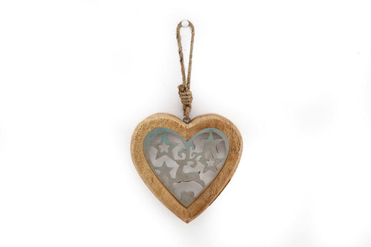 Small Wood Hanging Heart With Metal Reindeer & Stars-0