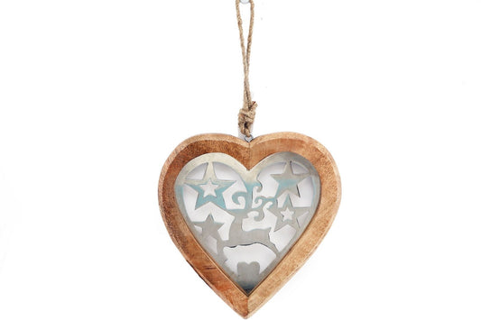 Large Wood Hanging Heart With Metal Reindeer & Stars-0