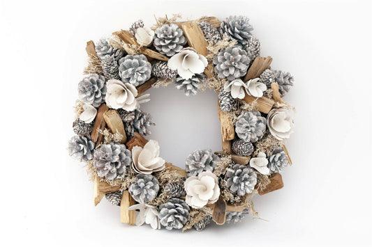 White Flowers & Pinecone Frosted Wreath-0