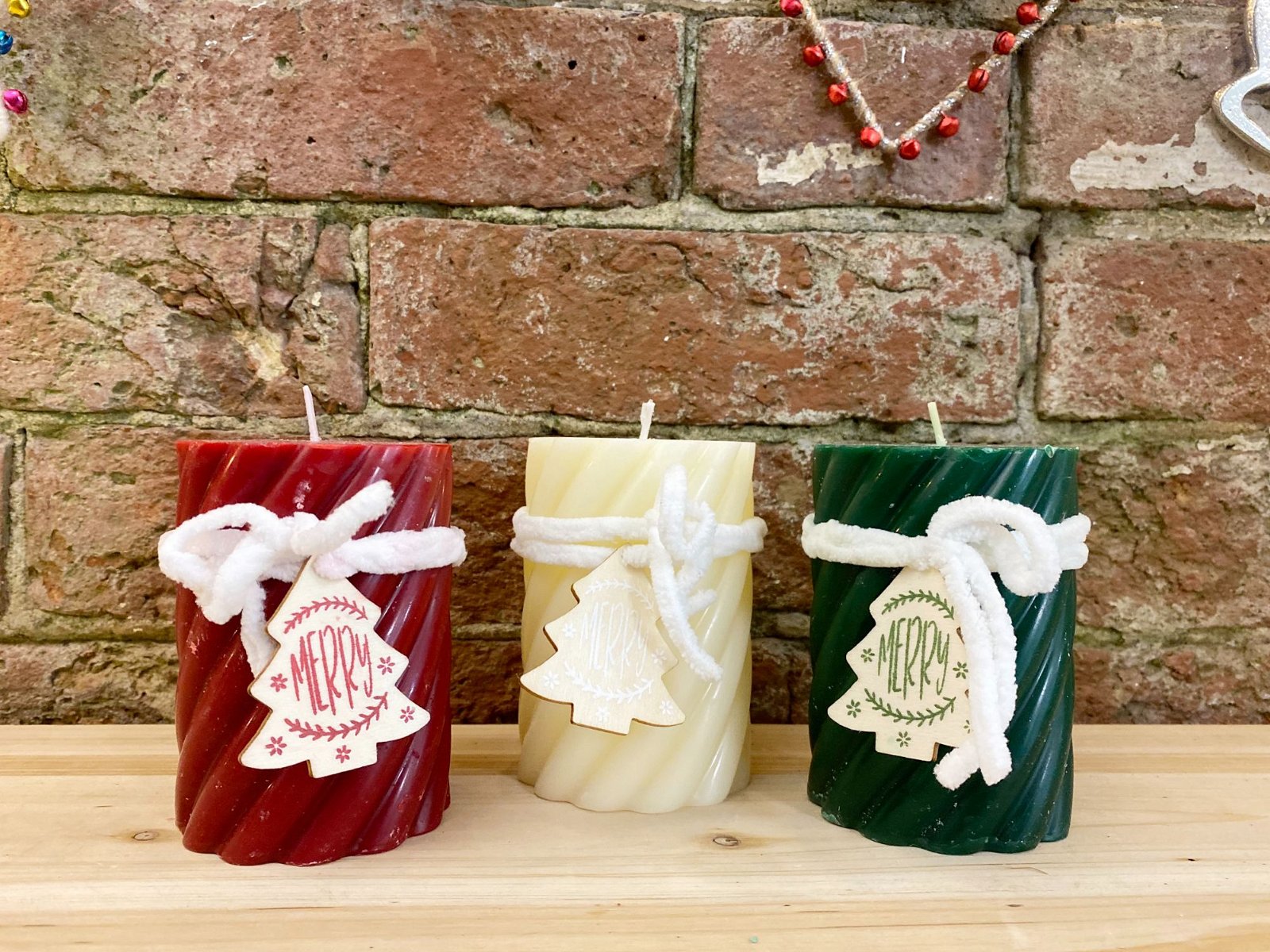 Three Twist Pillar Candles, Green, Cream & Red-1