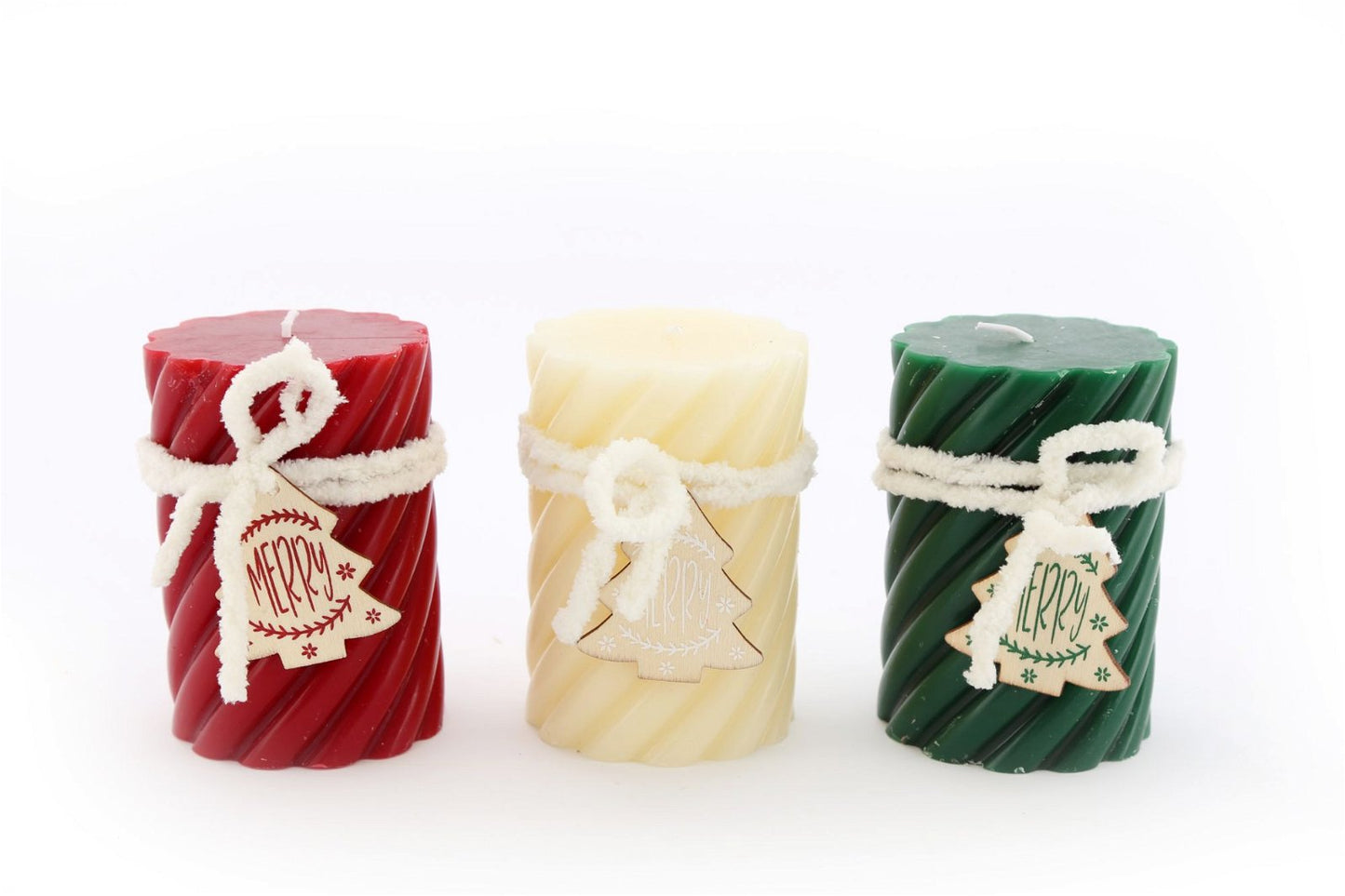 Three Twist Pillar Candles, Green, Cream & Red-0