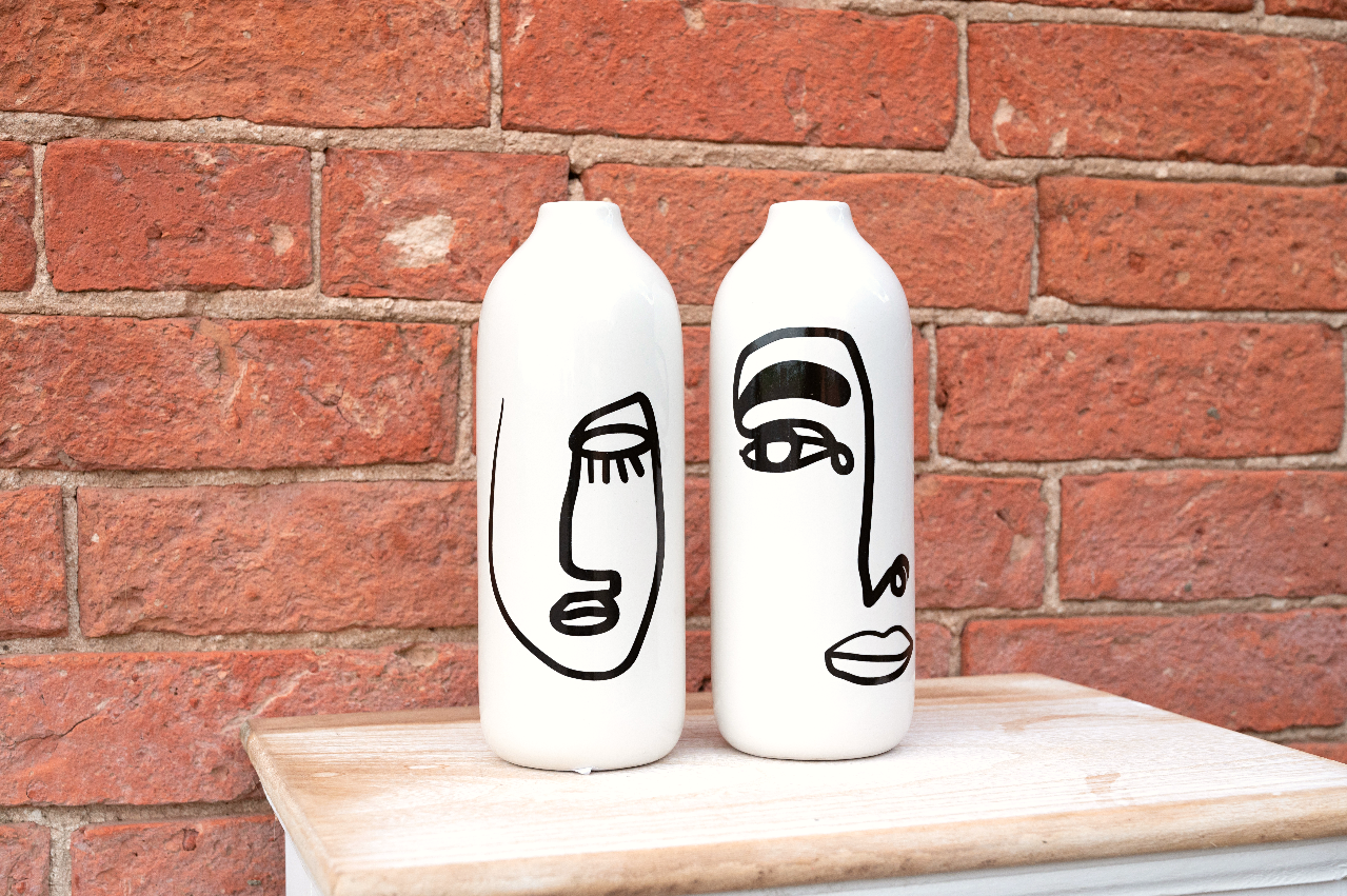 Set of 2 Monochrome Face Ceramic Vases-1