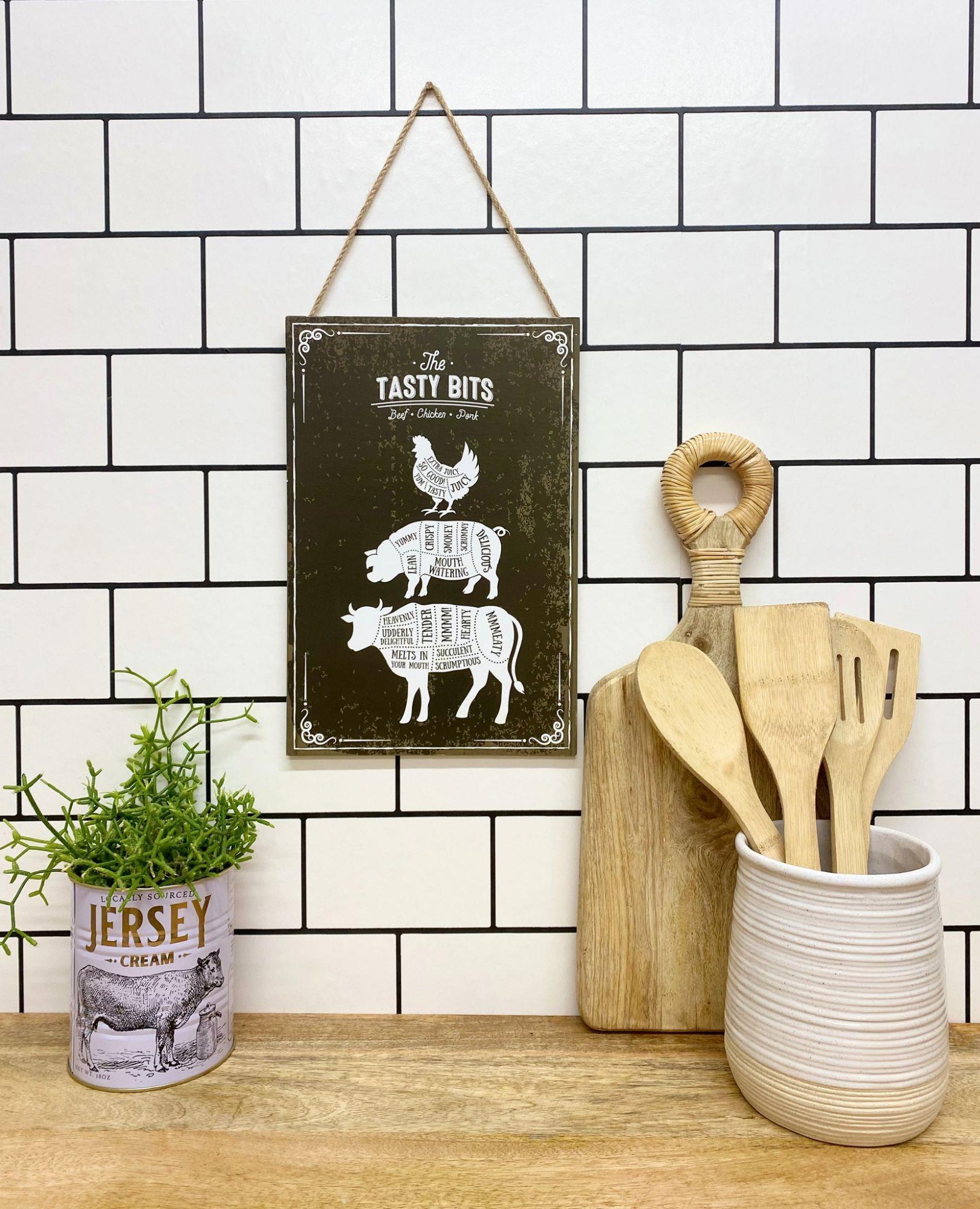 The Tasty Bits Wooden Hanging Plaque in Brown-1