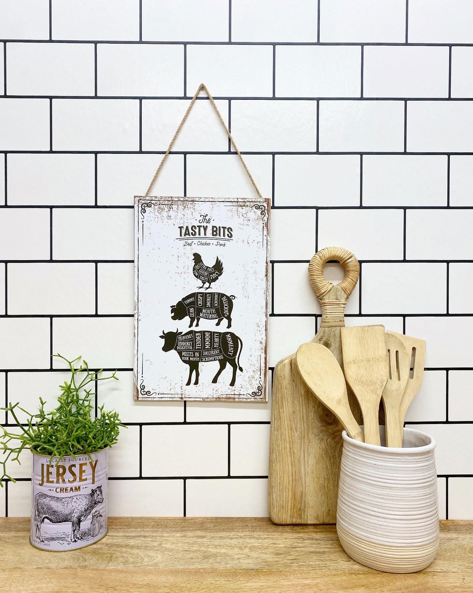 The Tasty Bits Wooden Hanging Plaque in White-1