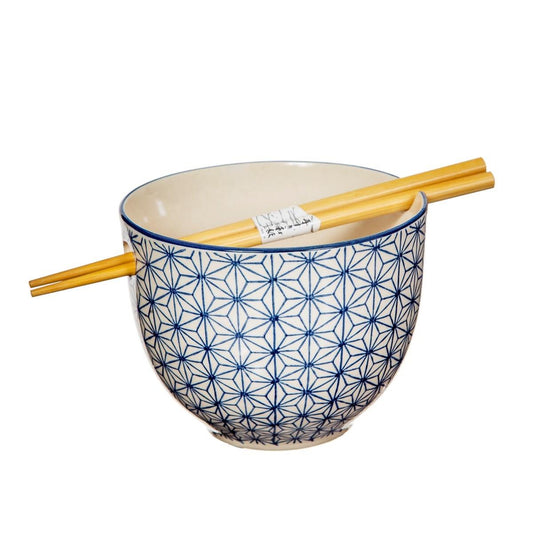 Sashiko Pattern Noodle Bowl with Chopsticks-0