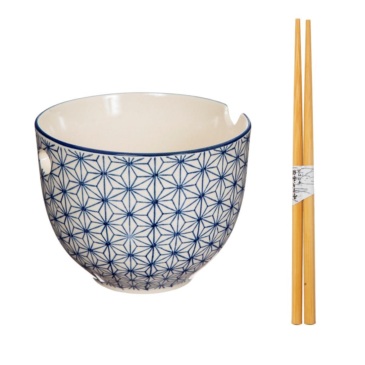 Sashiko Pattern Noodle Bowl with Chopsticks-1