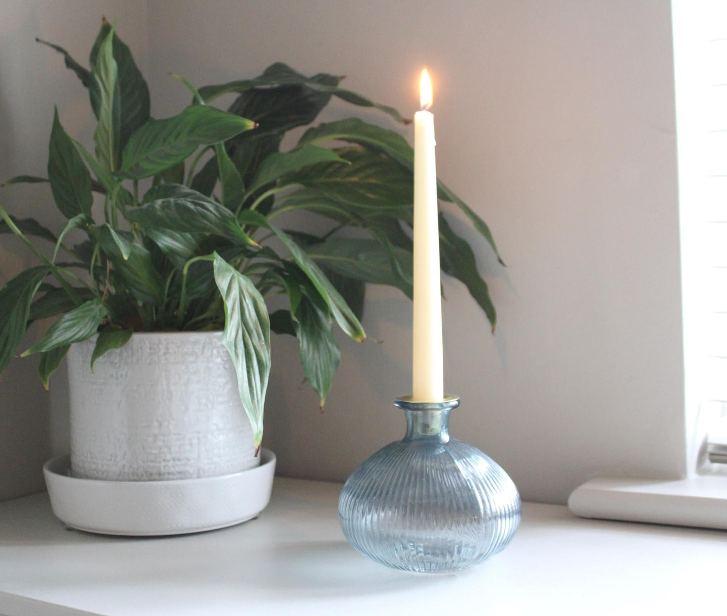 Blue Ribbed Glass Candle Holder-1