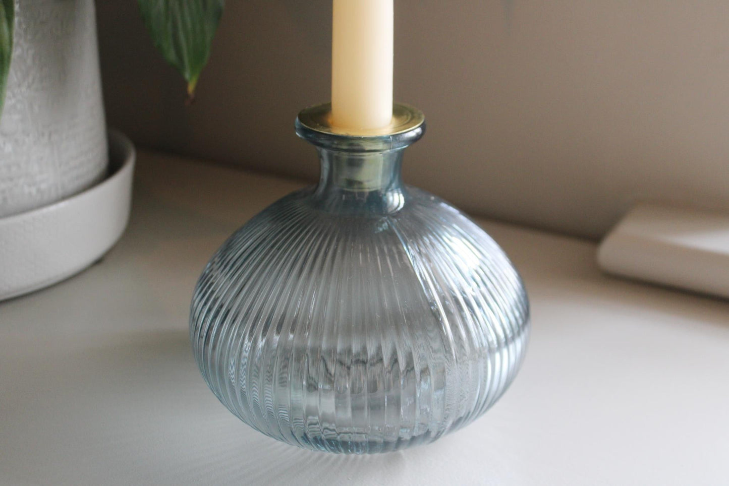 Blue Ribbed Glass Candle Holder-3