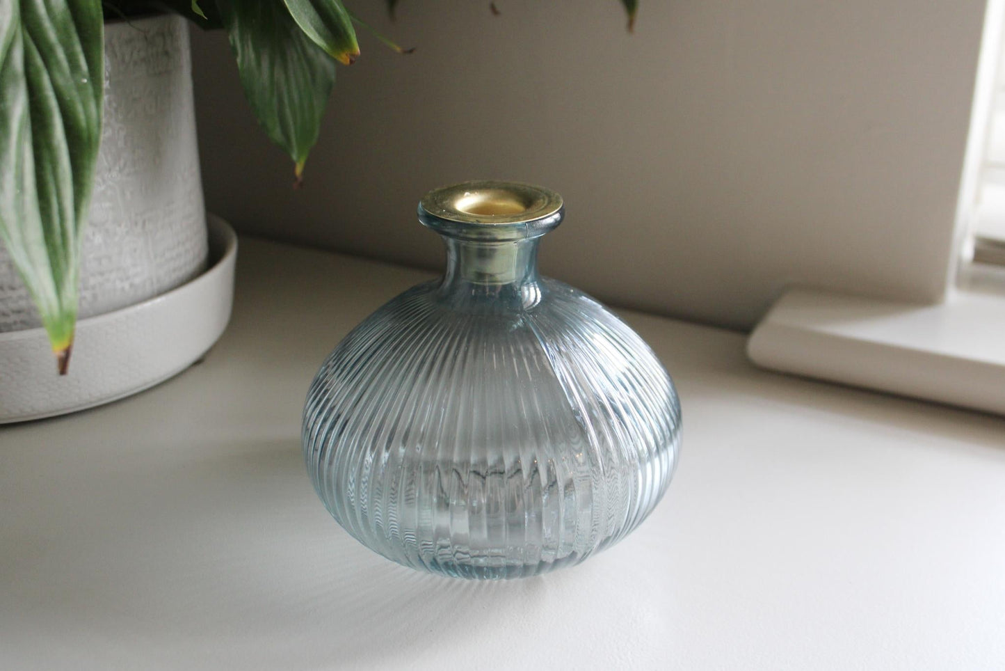 Blue Ribbed Glass Candle Holder-4