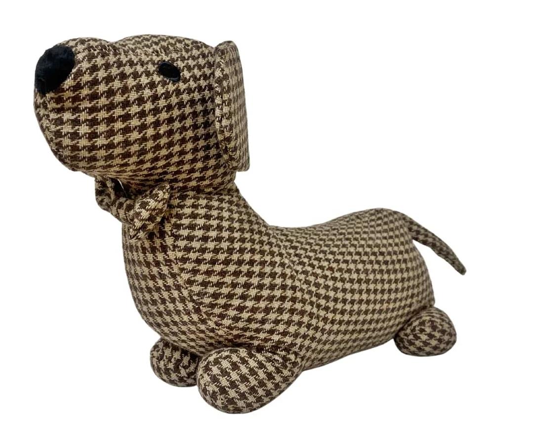 Brown Herringbone Fabric Sausage Dog Doorstop-0